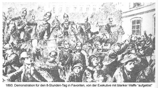 1893: Demonstration für den 8-Stunden-Tag in Favoriten, von der Exekutive mit blanker Waffe "aufgelöst" Bild aus: F. G. Kürbisch / R. Klucsarits (Hg.): Arbeiterinnen kämpfen um ihr Recht. Wuppertal 1981
