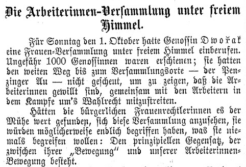 Die Arbeiterinnen-Versammlung unter freiem Himmel; aus: Arbeiterinnen-Zeitung, 2. Jg., Nr. 19, 6. Oktober 1893, Seite 6, Quelle: ÖNB